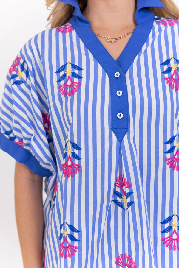 Sprinkled With Sunshine Blue Embroidered Blouse
