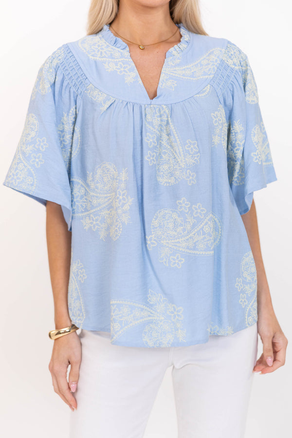 The One I Reach For Light Blue Floral Blouse
