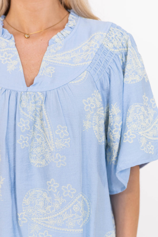 The One I Reach For Light Blue Floral Blouse