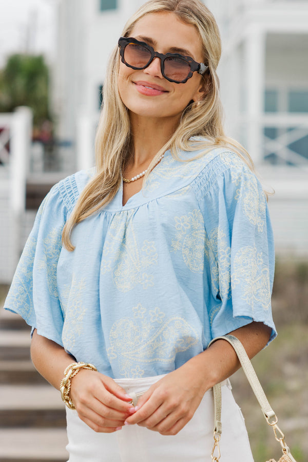 The One I Reach For Light Blue Floral Blouse