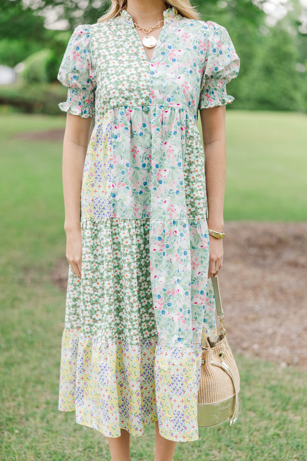 Honey Please Green Mixed Print Midi Dress