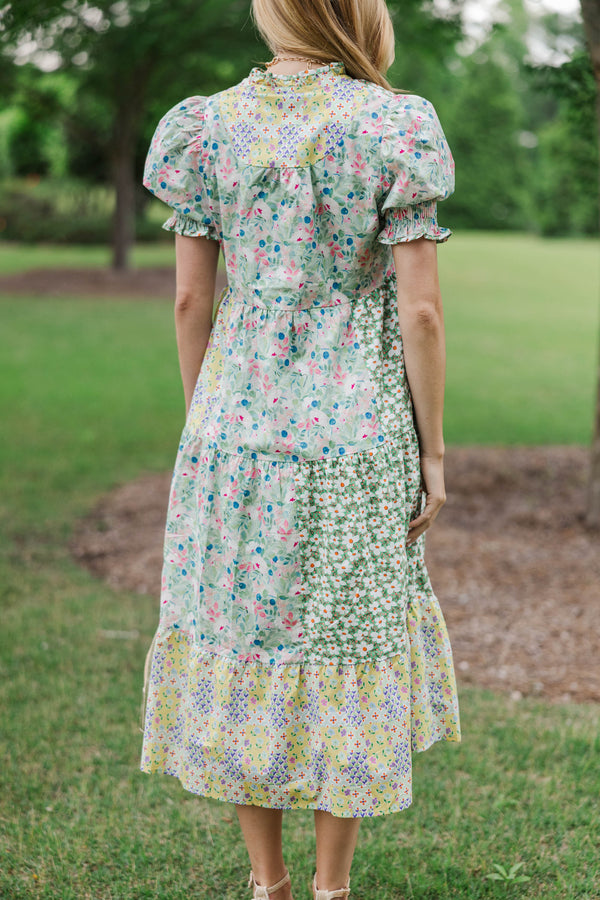 Honey Please Green Mixed Print Midi Dress