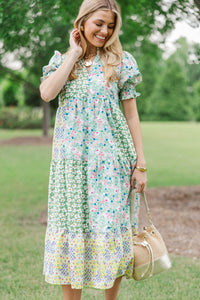 Honey Please Green Mixed Print Midi Dress