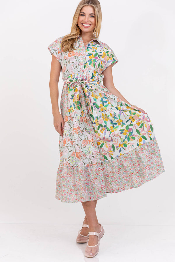 For The Occasion Coral Mixed Print Midi Dress