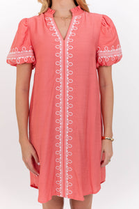 Dear To Me Coral Embroidered Dress