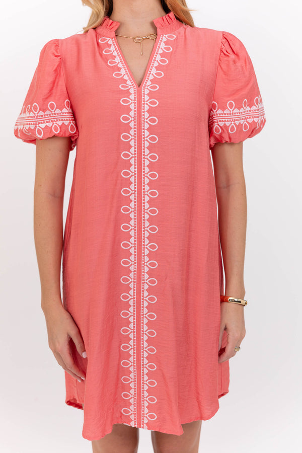 Dear To Me Coral Embroidered Dress
