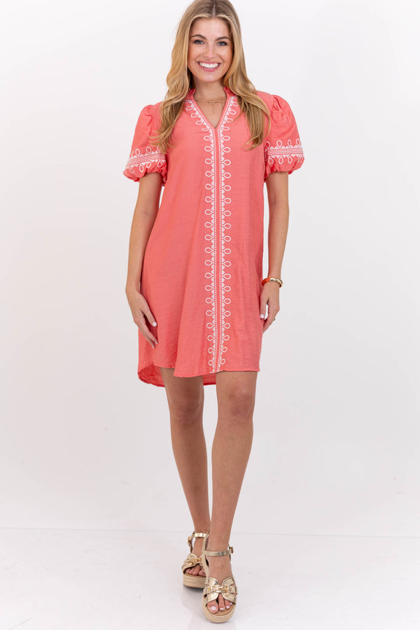 Dear To Me Coral Embroidered Dress, Large - The Mint Julep Boutique