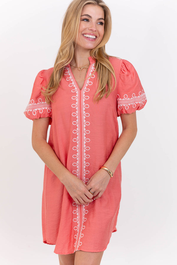 Dear To Me Coral Embroidered Dress, Large - The Mint Julep Boutique