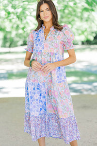 Easy To Fall For Blue Mixed Print Midi Dress