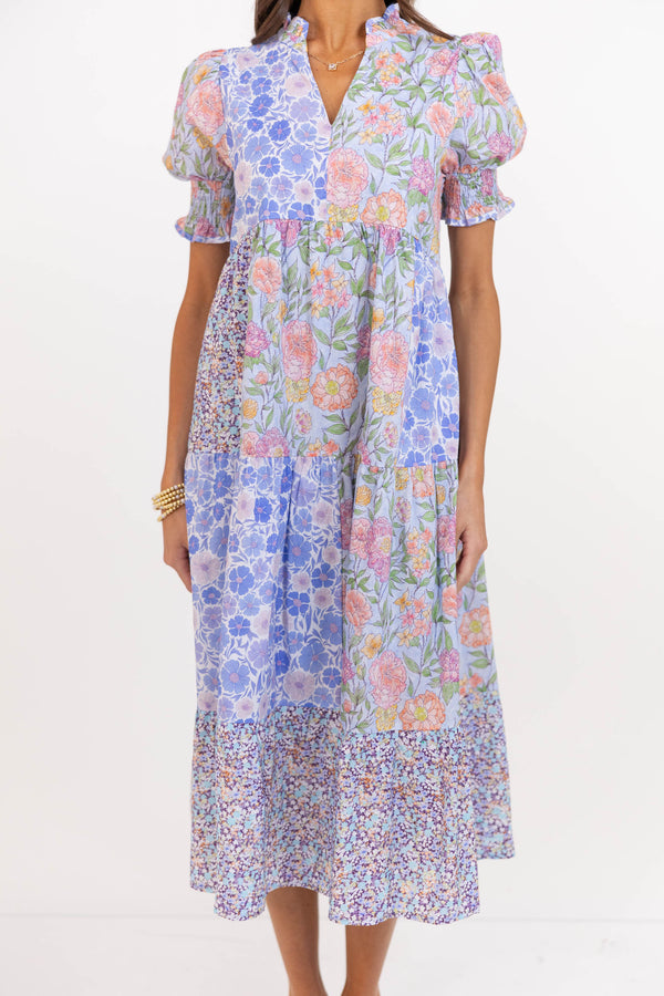 Easy To Fall For Blue Mixed Print Midi Dress