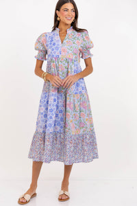 Easy To Fall For Blue Mixed Print Midi Dress