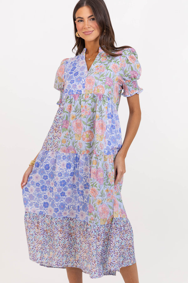 Easy To Fall For Blue Mixed Print Midi Dress