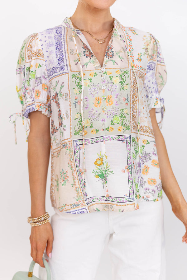 Busy Day Favorite Green Mixed Print Blouse