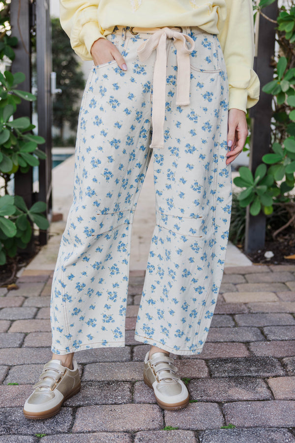 Low Key Polished Cream Floral Wide Leg Pants