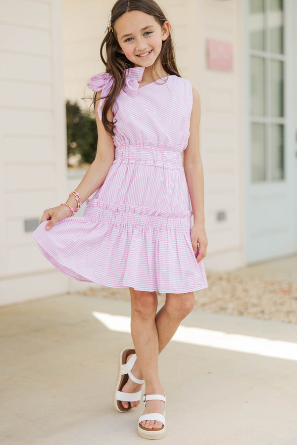 Girls: Bloom Where You’re Planted Pink Striped One Shoulder Dress