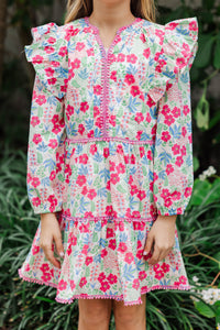Girls: At This Time Pink Floral Trim L/S Babydoll Dress