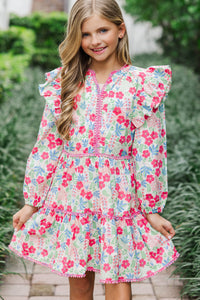 Girls: At This Time Pink Floral Trim L/S Babydoll Dress