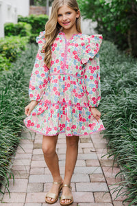 Girls: At This Time Pink Floral Trim L/S Babydoll Dress