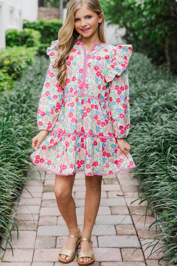 Girls: At This Time Pink Floral Trim L/S Babydoll Dress