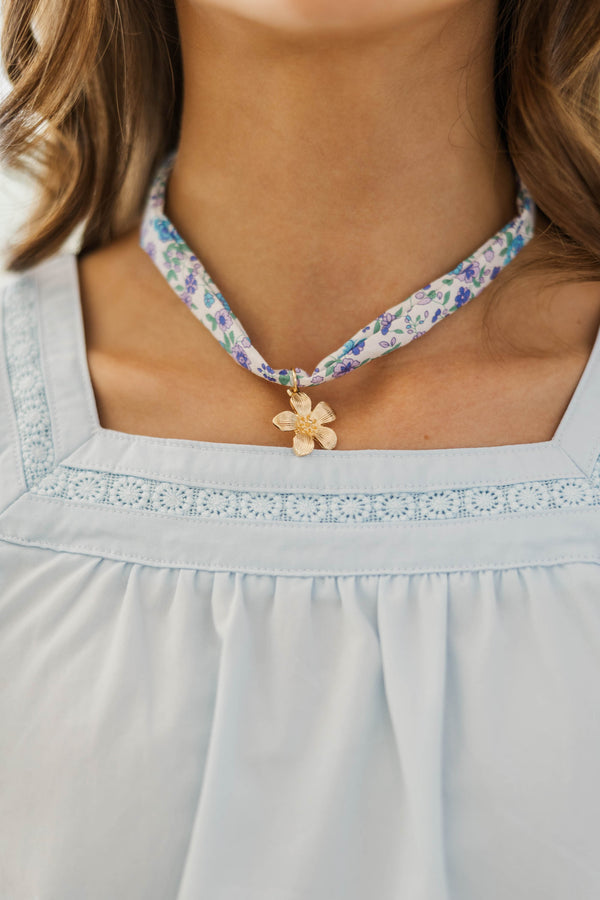 Girls: Charmed With Love Blue Flower Charm Scarf Necklace