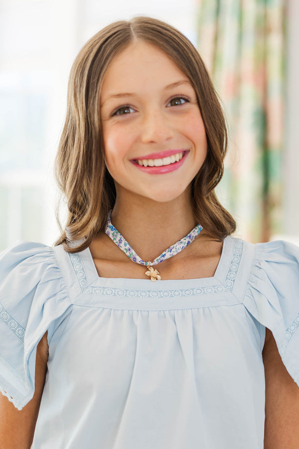 Girls: Charmed With Love Blue Flower Charm Scarf Necklace