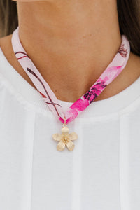 Charmed With Love Pink Flower Charm Scarf Necklace