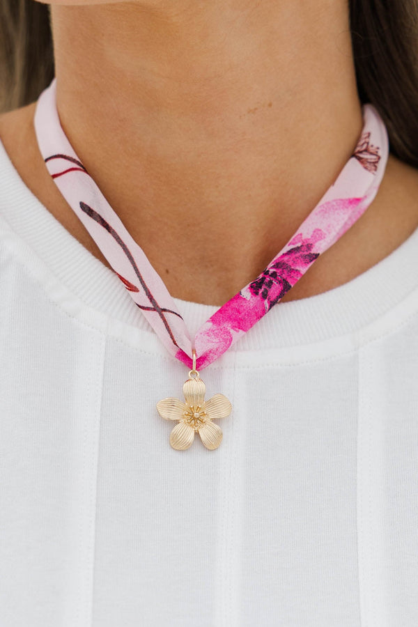 Charmed With Love Pink Flower Charm Scarf Necklace