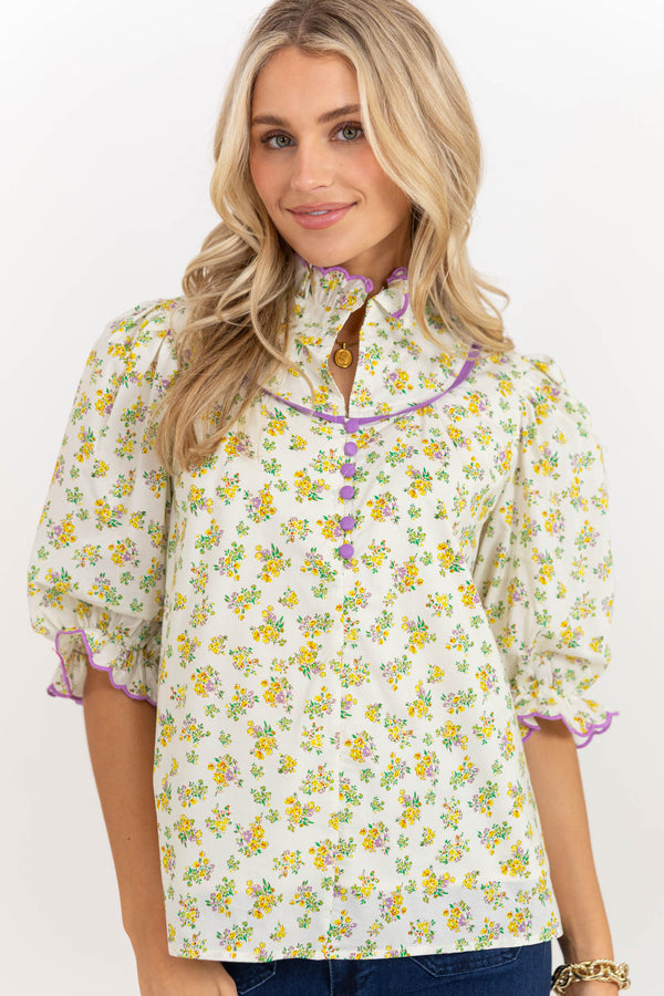 Keep It Up Cream Ditsy Floral Blouse