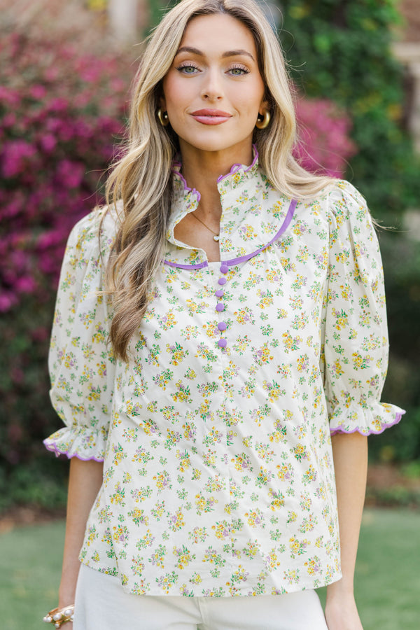 Keep It Up Cream Ditsy Floral Blouse