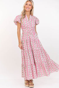 Coming Back For You Pink Floral Tiered Midi Dress