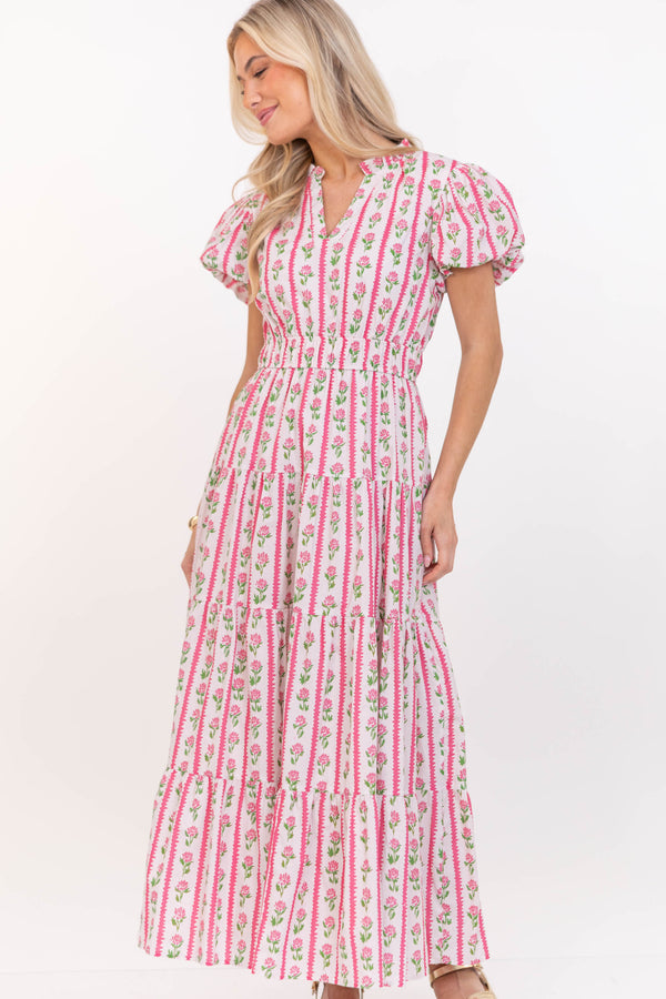 Coming Back For You Pink Floral Tiered Midi Dress