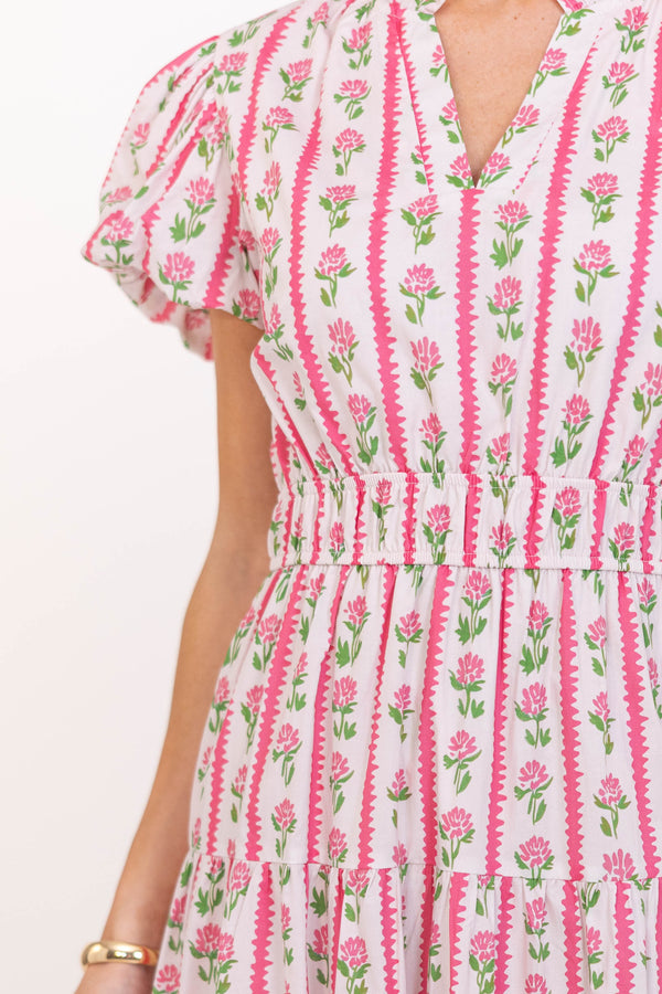 Coming Back For You Pink Floral Tiered Midi Dress