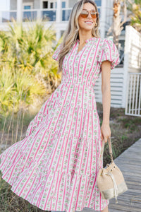 Coming Back For You Pink Floral Tiered Midi Dress