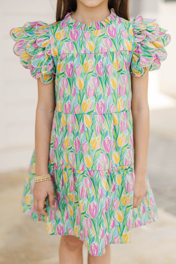 Girls: The Holland Green Floral Scalloped Dress