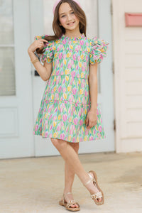 Girls: The Holland Green Floral Scalloped Dress