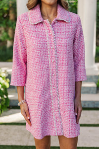 The Kindness Pink Tweed Embellished Button Down Dress