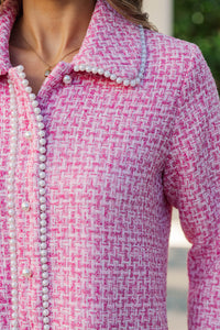 The Kindness Pink Tweed Embellished Button Down Dress
