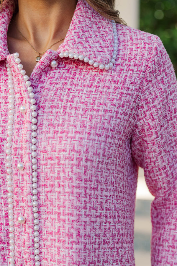 The Kindness Pink Tweed Embellished Button Down Dress