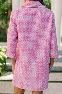 The Kindness Pink Tweed Embellished Button Down Dress