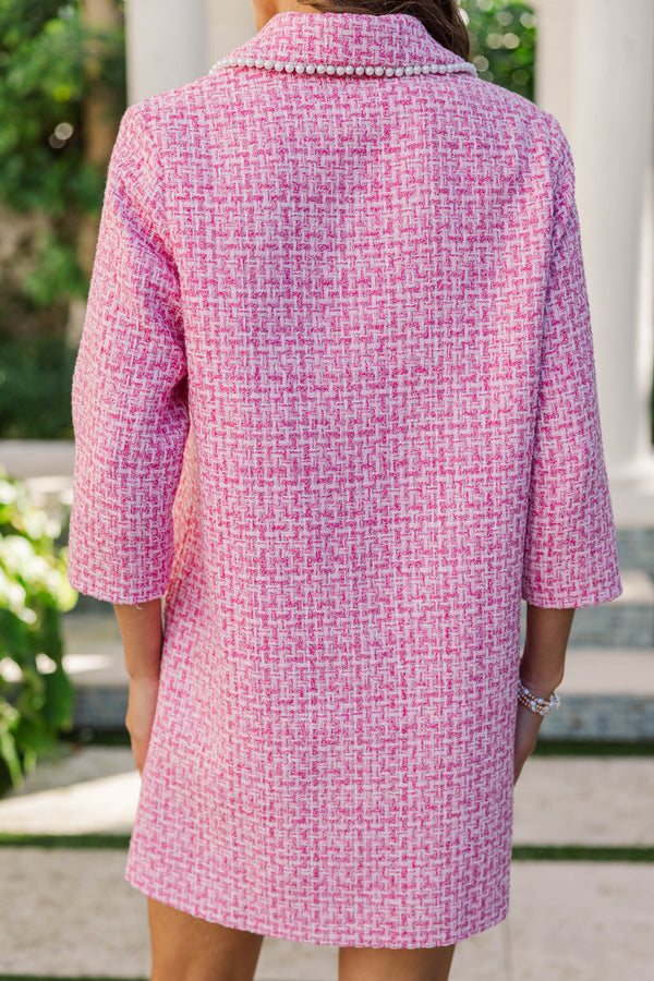 The Kindness Pink Tweed Embellished Button Down Dress