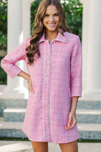 The Kindness Pink Tweed Embellished Button Down Dress