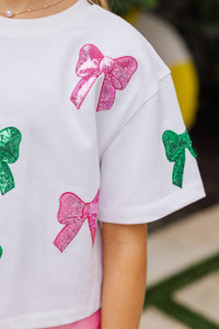 Girls: Color Pop Fun Green and Pink Bow Sequin Top