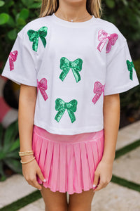 Girls: Color Pop Fun Green and Pink Bow Sequin Top