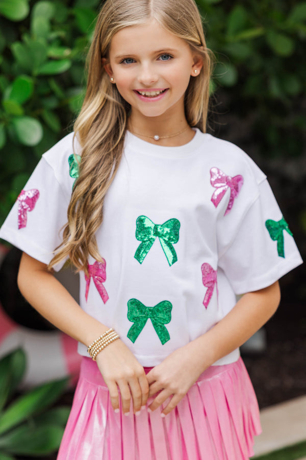 Girls: Color Pop Fun Green and Pink Bow Sequin Top
