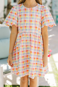 Girls: Time Goes By Multicolored Gingham Pima Cotton Scalloped Dress