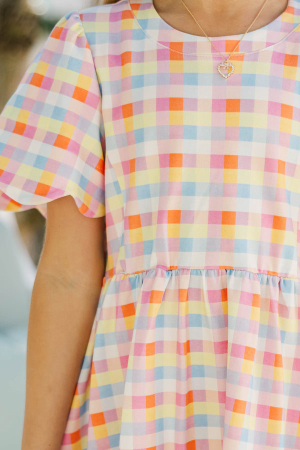 Girls: Time Goes By Multicolored Gingham Pima Cotton Scalloped Dress