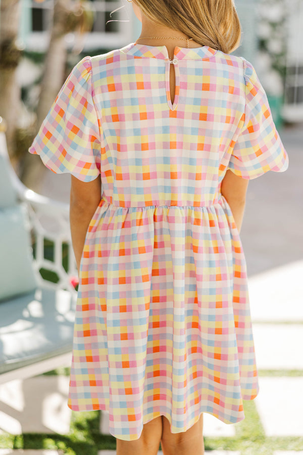 Girls: Time Goes By Multicolored Gingham Pima Cotton Scalloped Dress