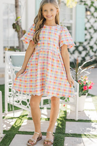 Girls: Time Goes By Multicolored Gingham Pima Cotton Scalloped Dress