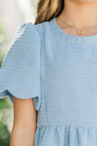 Girls: Time Goes By Light Blue Tweed Scalloped Dress