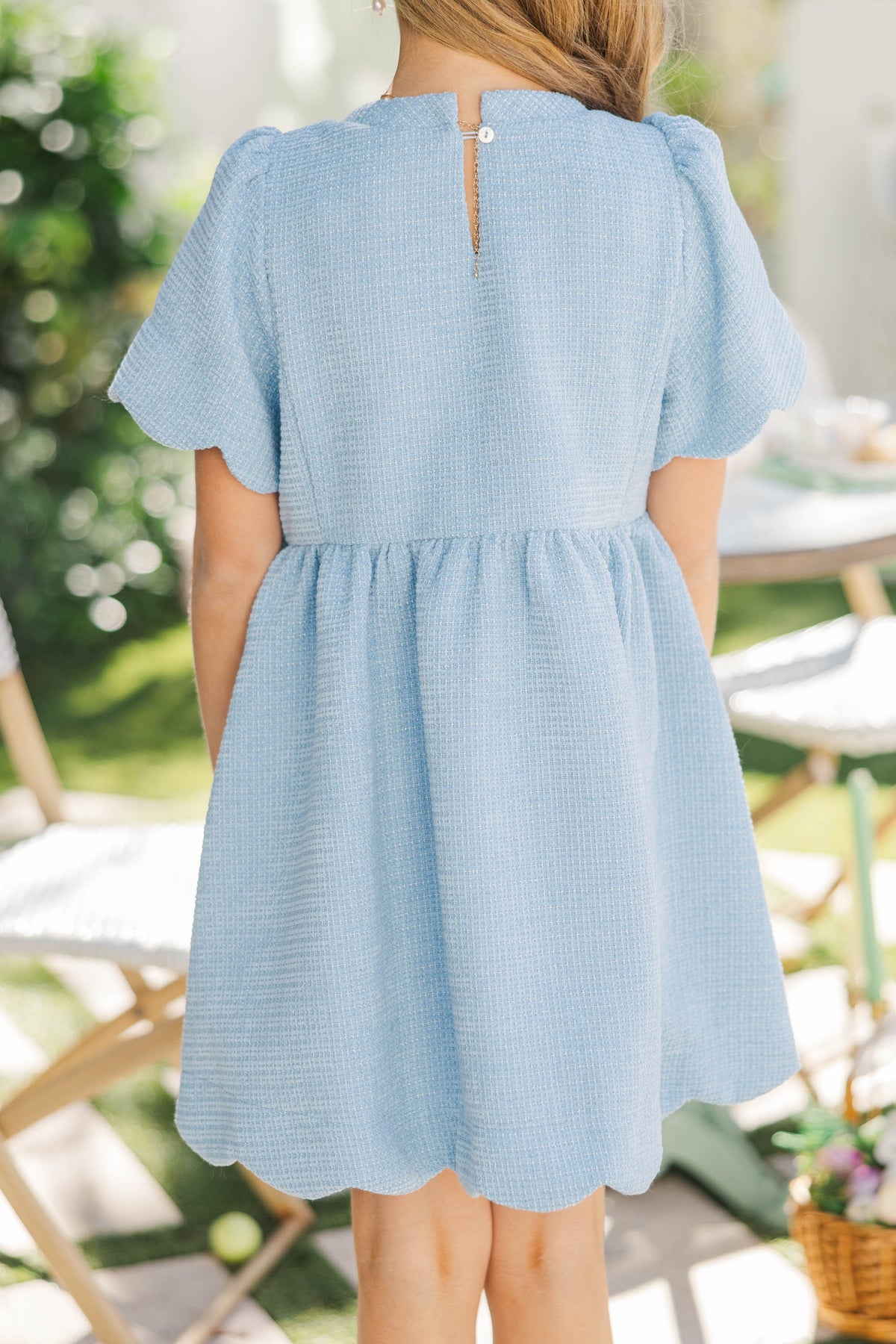 Girls: Time Goes By Light Blue Tweed Scalloped Dress – Shop the Mint